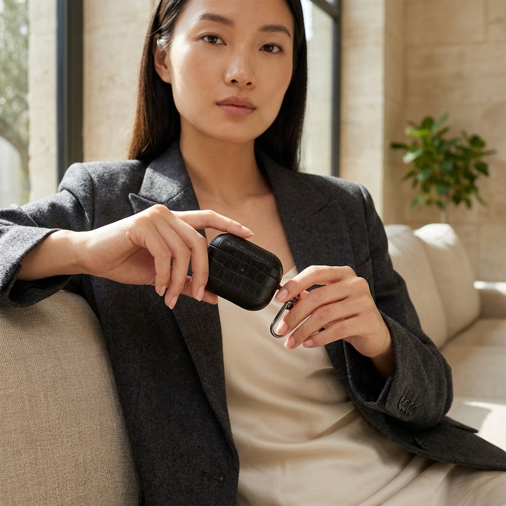 Black Crocodile Leather AirPods Case