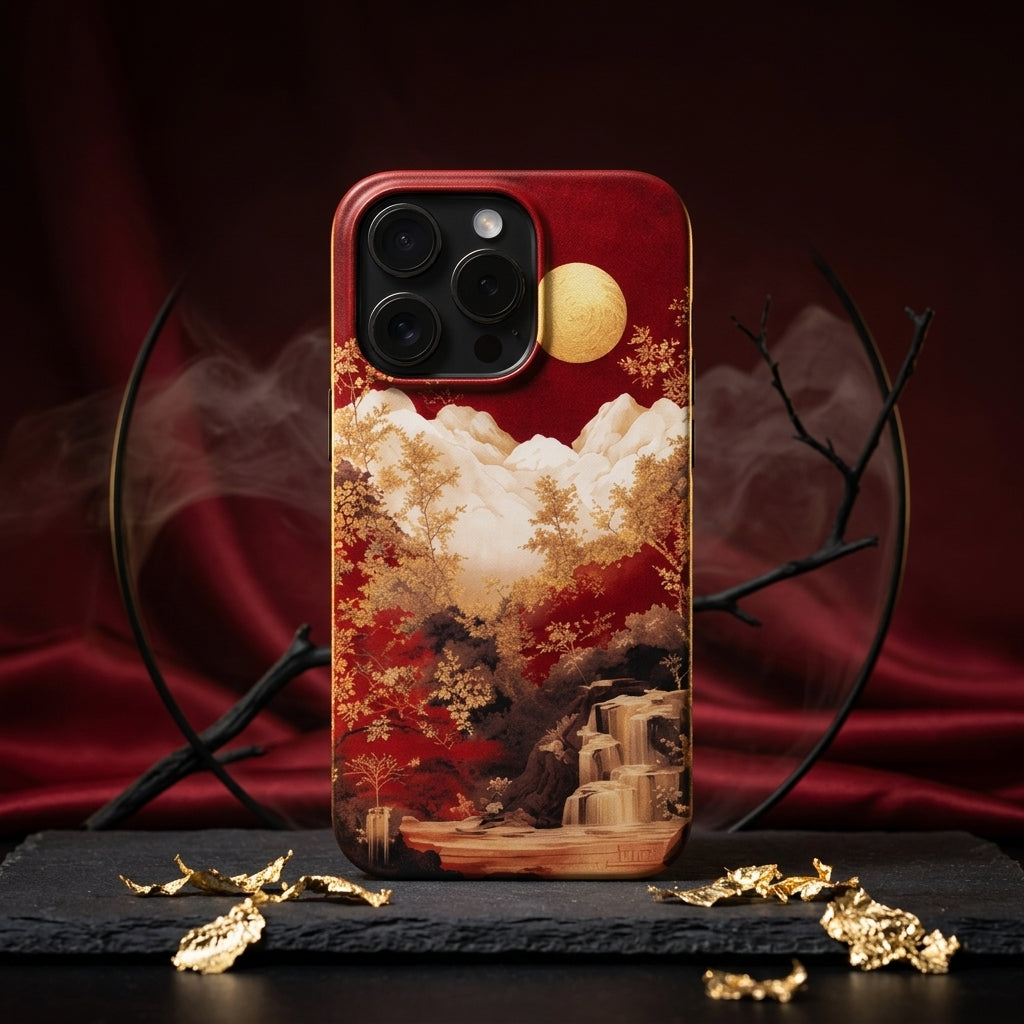 Traditional Japanese Ukiyo-e Style Golden Landscape Case